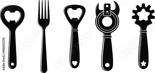 Bottle opener set, bar tool collection, kitchen utensil icons, beer opener design, black and white vector illustration graphic