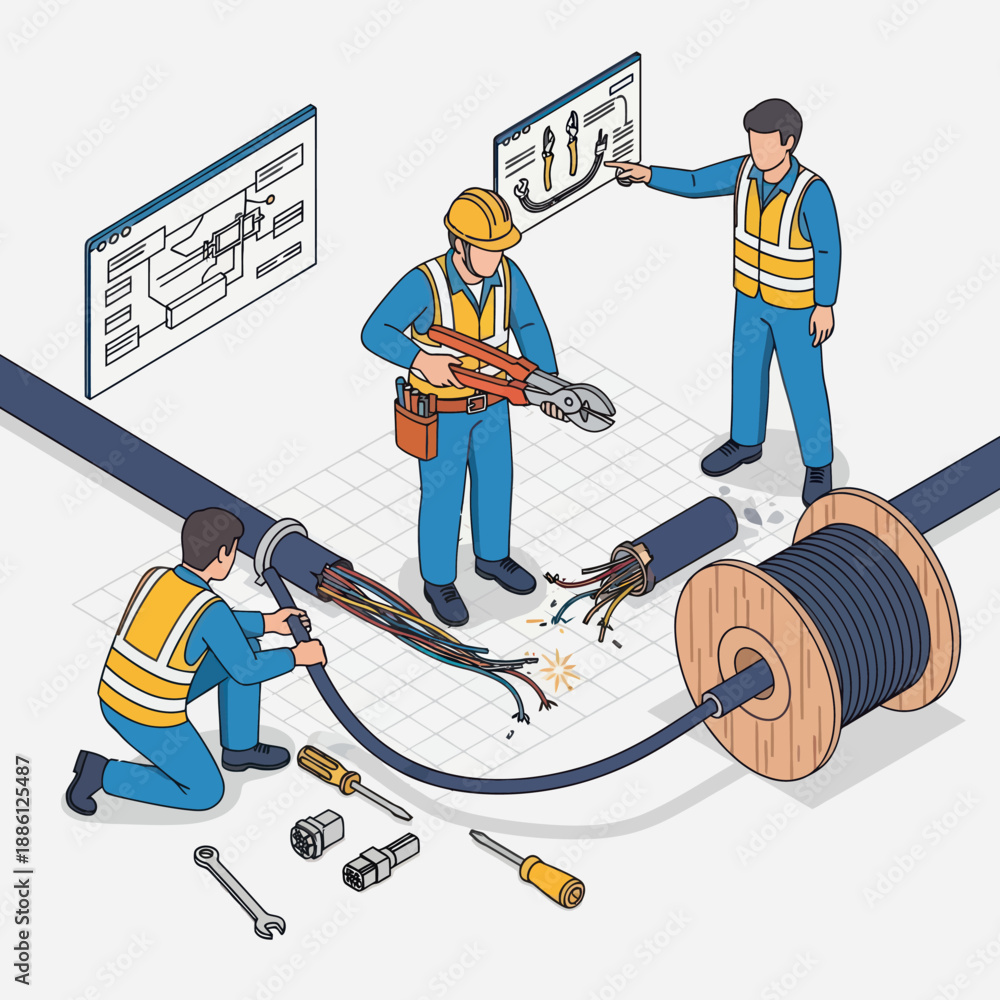 Obraz premium Technicians Working on Large Cable Installation.