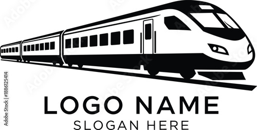 High speed train logo, modern railway transport concept, passenger travel design, black and white vector illustration, corporate branding template style