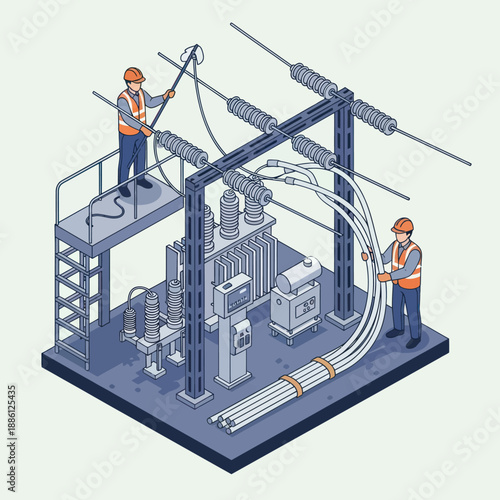 Electricians Working on Electrical Substation Equipment.