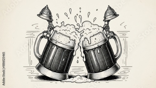 Vintage beer steins clinking cheers, splashing brew, classic illustration style, oktoberfest