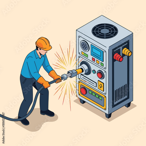 Technician Operating Industrial Welding Machine Equipment.