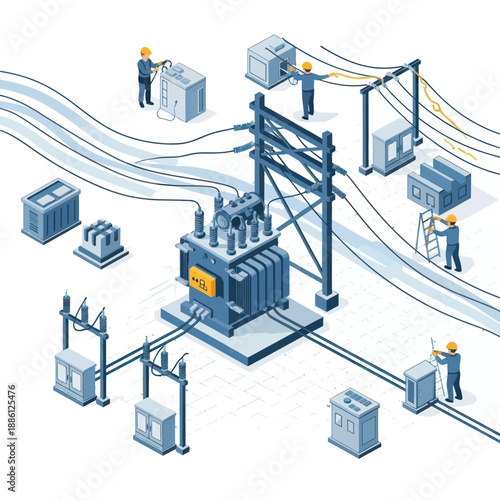 Electrical Substation with Transformers and Workers.