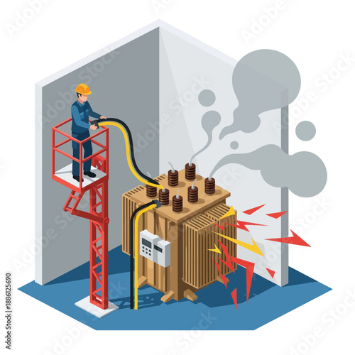 Technician Inspecting Faulty Electrical Transformer on Lift.