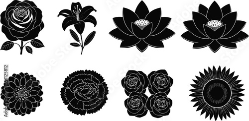 Elegant black floral silhouette illustration, featuring roses, lilies, lotus flowers, sunflower and botanical shapes, perfect for decorative design, packaging, branding, tattoo art, 