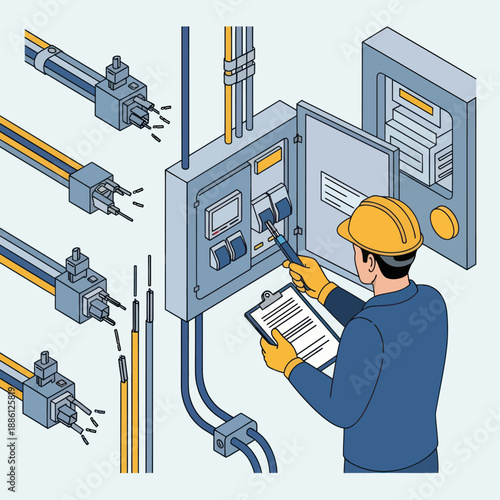 Electrician Inspecting Electrical Panel and Cables.