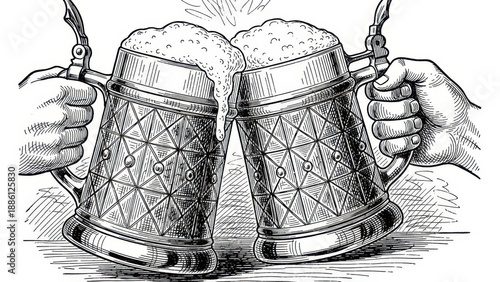 Stylized hand-drawn illustration showcasing two beer mugs clinking together in celebration
