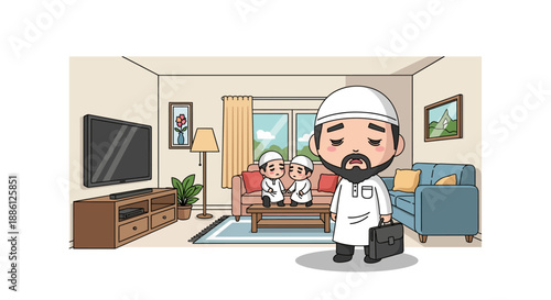 Cartoon Muslim family in a living room with a doctor visiting.