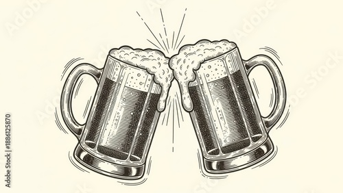 Vintage style illustration of two beer mugs clinking with frothy beer spilling over the sides
