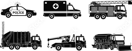 Emergency and service vehicles set, police ambulance fire truck garbage tow snowplow, black and white vector illustration design