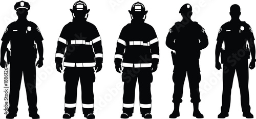 Emergency service silhouettes set, police firefighter soldier figures, public safety team concept, black and white vector illustration design