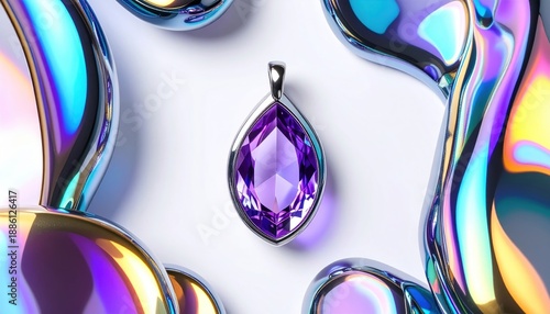 A gem pendant with a violet stone surrounded by iridescent, fluid-like shapes on white