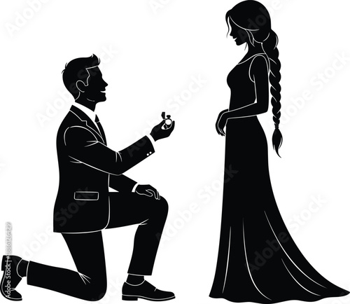 Elegant black vector silhouette of a happy man in a suit kneeling to propose marriage to a woman in a long dress with an engagement ring, symbolizing romance, wedding, and commitment.