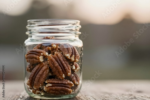 Glass Jar Filled with Roasted Pecans on a Wooden Table at Sunset with Blurred Background