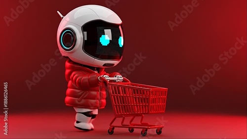 Cute Robot with Shopping Cart on Red Background