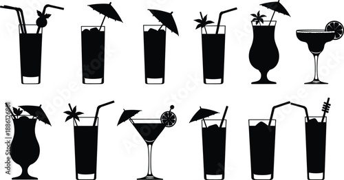 Elegant cocktail drink silhouettes collection featuring tropical umbrellas, summer beverages, bar glasses, refreshing mixed drinks, stylish minimalist vector artwork perfect for vibrant party 