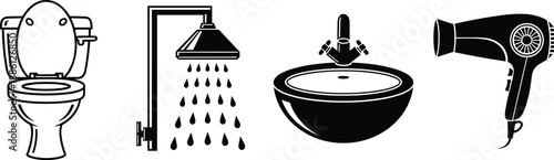 Bathroom icon set with toilet, shower, sink and hair dryer for hygiene, home, interior, plumbing, vector illustration design