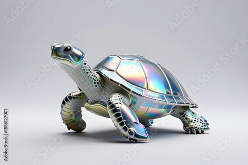 Photorealistic Iridescent Turtle with Colorful Metallic Shell in a Minimalist Studio Environment