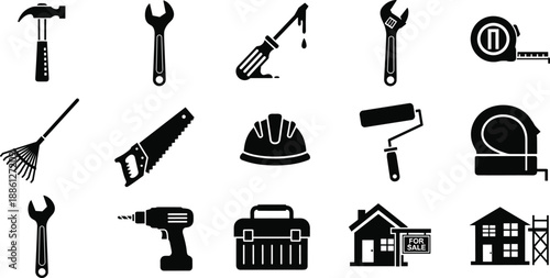 Construction and repair tool icon set with hammer, wrench, drill, saw, paint roller for building, maintenance, diy, work, vector design