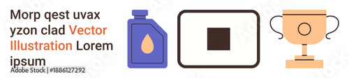Process stages, quality assurance, achievement milestones, step completion, control mechanisms, rewards. Blue bottle, stop button trophy icons in clean vector style. Process stages and achievement