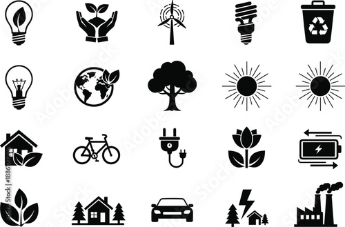Eco friendly environment icon set, green energy renewable power symbols, sustainability nature conservation vector illustrations, ecology recycling climate change and clean organic lifestyle graphics.