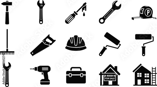 Construction and repair tool icon set with hammer, wrench, drill, paint roller for building, maintenance, diy, work, vector illustration