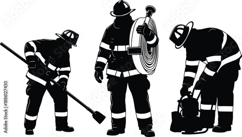 Firefighter silhouette showing rescue tools, hose and equipment in action poses for fire safety, emergency, hero, service, protection, vector illustration