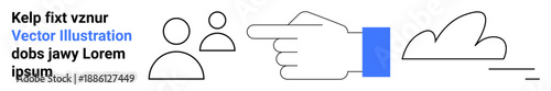 Technology, user interaction, digital services, cloud computing, direction, online networking. Minimalist design with a hand pointing at user icons and a cloud graphic. Technology and user