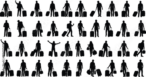 Silhouette set of travelers with luggage and suitcases, tourists standing with baggage, people traveling, passenger group silhouettes isolated on white background vector illustration