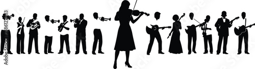 Silhouette orchestra musicians performing together, classical music ensemble with violin, trumpet, guitar and wind instruments, elegant black vector illustration for concert theme