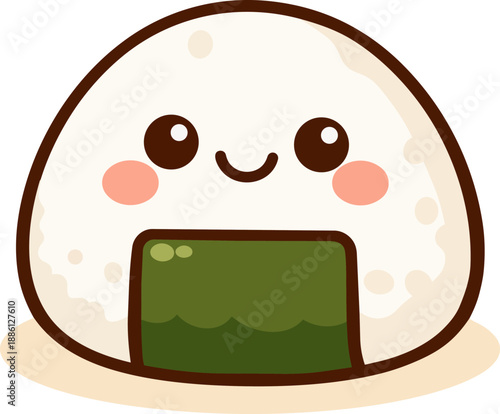 A cute Kawaii-style rice ball (onigiri) with a nori wrap and a happy face. This cheerful illustration represents a traditional Japanese snack, perfect for food-related projects.