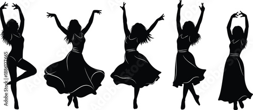 Elegant female dance silhouettes showing expressive movement, flowing dresses, rhythmic motion, graceful poses, artistic ballet and modern dance performance vector illustration