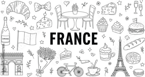France doodle illustration with Eiffel Tower, food, coffee, croissant, cheese, wine, travel, culture, landmark, cute hand drawn vector style