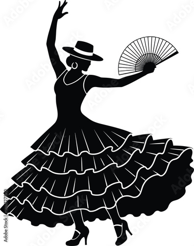 Elegant flamenco dancer silhouette performing traditional Spanish dance in flowing ruffled dress with hand fan, showcasing cultural movement, passion, rhythm, and expressive choreography