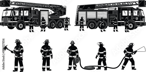 Firefighter and fire truck silhouette set with ladder truck, rescue tools and action poses for emergency, safety, service, vector illustration