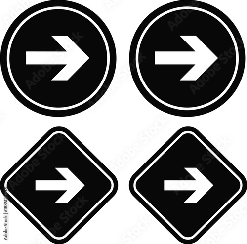 Right arrow icon set in circle and diamond shapes for direction, navigation, button, sign, ui, web, interface, vector design