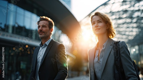 Corporate Stroll: Two poised business people, impeccably attired, navigate the modern architecture, embodying ambition and purpose. Capturing their forward-thinking attitude.