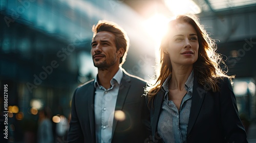 Business Couple's Stroll in the City: A stylishly dressed business couple walks confidently through a modern cityscape. The bright sunlight bathes them as they stride forward.
