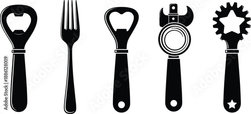 Kitchen utensil silhouette set including bottle opener, fork, can opener and tools for cooking, bar, restaurant, catering, vector illustration