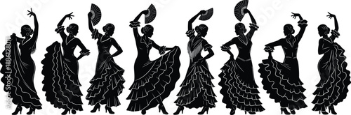 Elegant flamenco dancer silhouettes in traditional ruffled dresses performing expressive Spanish dance poses with handheld fans, cultural vector illustration for artistic design, decoration, 