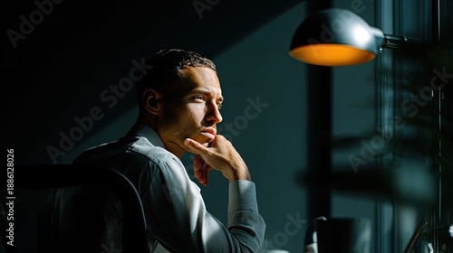 Focused Contemplation: A contemplative individual finds himself immersed in a moment of introspection within a dimly lit setting, illuminated by the warm glow of a desk lamp.