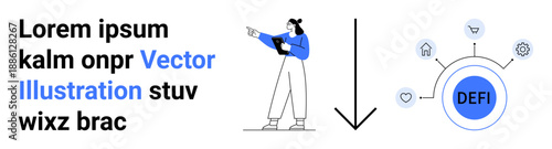 Woman pointing at decentralized finance DeFi hub encircled by icons for finance, security, and growth. Ideal for DeFi, technology, fintech, education, innovation, presentations simple landing page