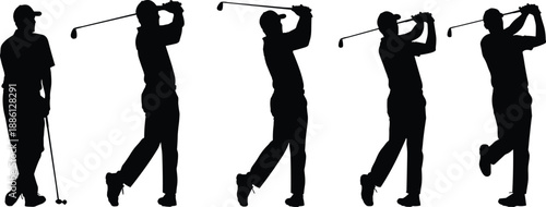 Golfer silhouette sequence showing golf swing stages with club for sports, training, motion, action, tournament, athlete, fitness illustration