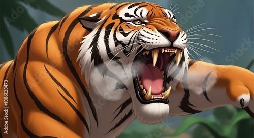 Majestic Bengal Tiger Roaring Ferociously in Lush Jungle Environment