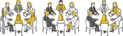 Business people sitting around round table for corporate meeting and teamwork brainstorming sessions diverse professional team characters set vector