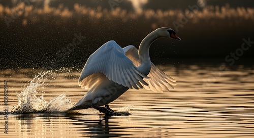 Graceful white swan takes flight from a tranquil body of water, its wings outstretched in a magnificent display of natural beauty