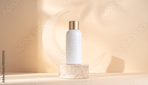 Wallpaper Mural Cosmetic bottle on marble pedestal illuminated by soft light casting shadows on beige background from high viewpoint Torontodigital.ca