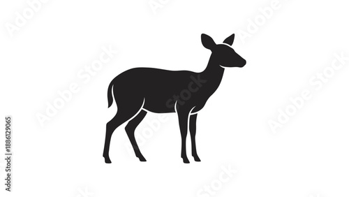 Minimalist flat deer silhouette icon in a serene landscape viewed from the side