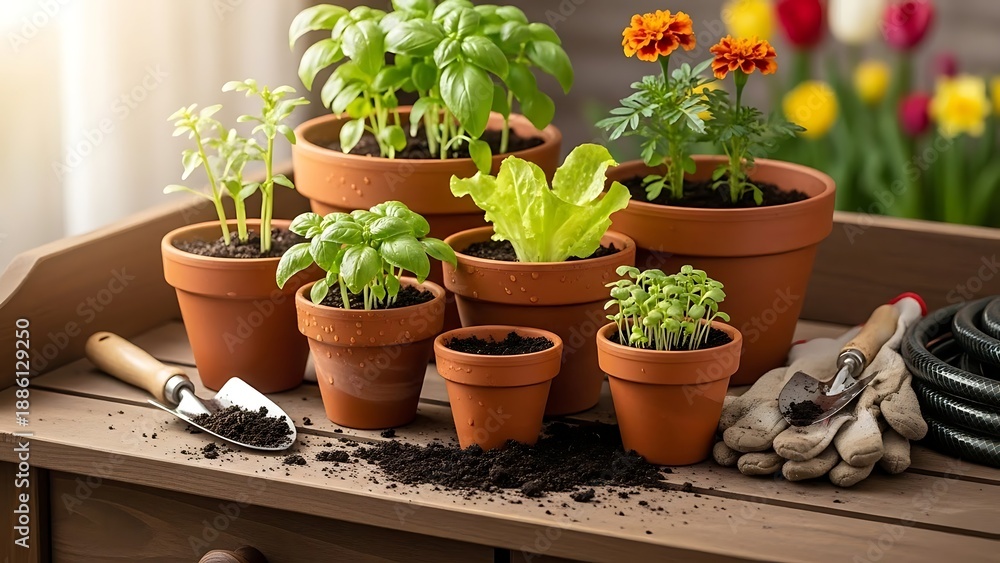 Obraz premium A wooden table with several potted plants and gardening tools on it