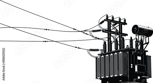 Electrical transformer with overhead power lines illustration, high voltage utility equipment vector, electricity distribution infrastructure, industrial energy system, black